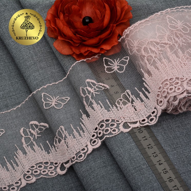 Кружево на сетке матовая нить с бабочками Exclusive арт.TBY.62704 шир.105мм цв.002 пыльная роза уп.13,71м