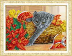Набор для вышивания бисером ПАУТИНКА арт.Б-1503 Рождественский котик 38х28 см
