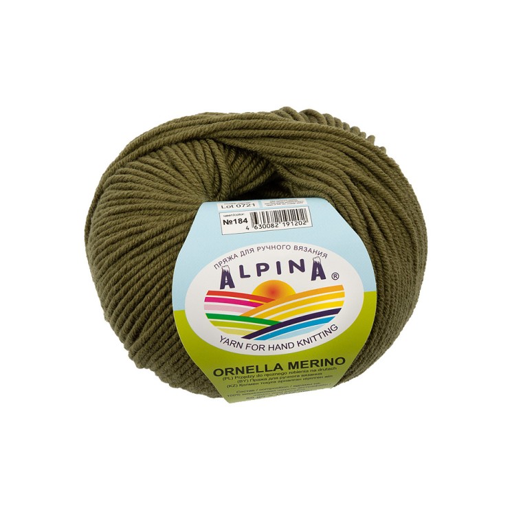 Пряжа ALPINA ORNELLA MERINO (100% мериносовая шерсть) 10х50г/125м цв.184 оливковый