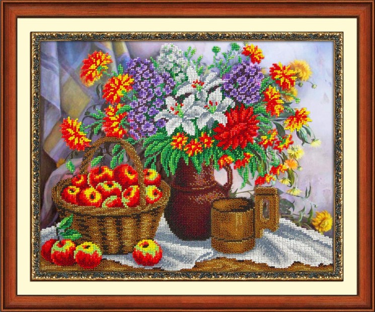 Набор для вышивания бисером ПАУТИНКА арт.Б-1248 Яблоки и садовый букет 36х28 см