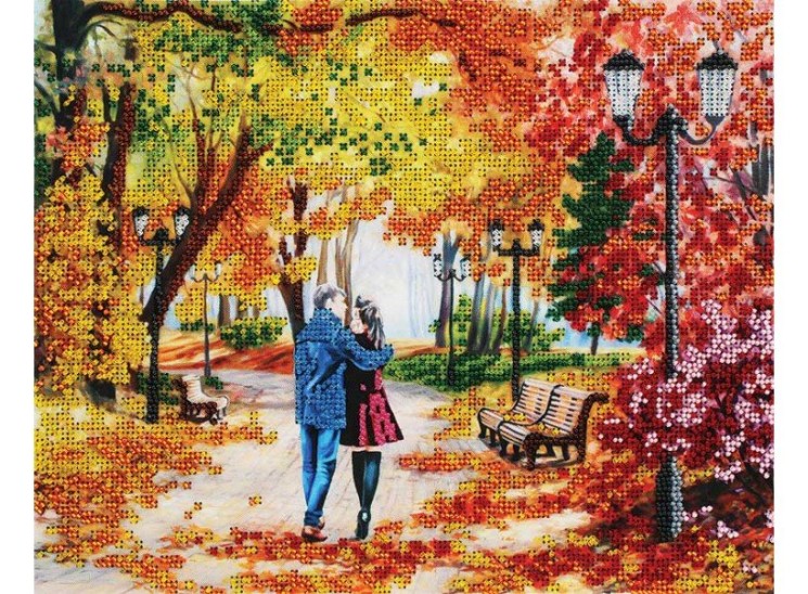 Набор для вышивания бисером БЕЛОСНЕЖКА арт.БЛ.9042-CM Осенний парк, скамейка, двое 24х30см