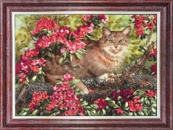 Набор для вышивки лентами КАРОЛИНКА арт. КЛ-3024(н) Кот в цветах 26х34,7 см