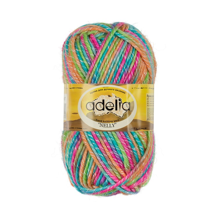 Пряжа ADELIA NELLY (70% шерсть, 30% акрил) 5х100г/100м цв.07 голубой-малиновый-оранжевый-салатовый