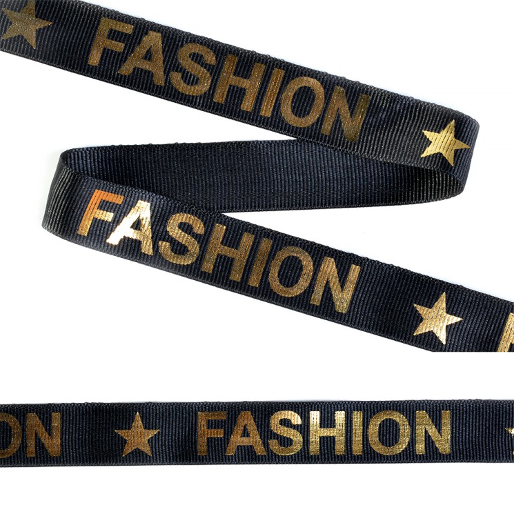 Тесьма TBY репсовая с рисунком FASHION шир.20мм цв.черный/золото уп.100м