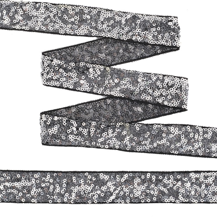 Тесьма с пайетками TBY на сетке арт. TDF03012 шир.30мм цв.черный+серебро уп.13,7м