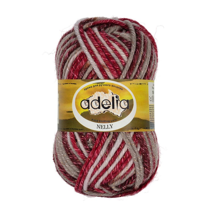 Пряжа ADELIA NELLY (70% шерсть, 30% акрил) 5х100г/100м цв.31 св.серый-серо-бежевый-т.красный-бордовый-люрекс