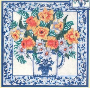 Набор для вышивания подушки CANDAMAR DESIGNS арт.30949 Нарциссы и голубой фаянс 35,5х35,5 см