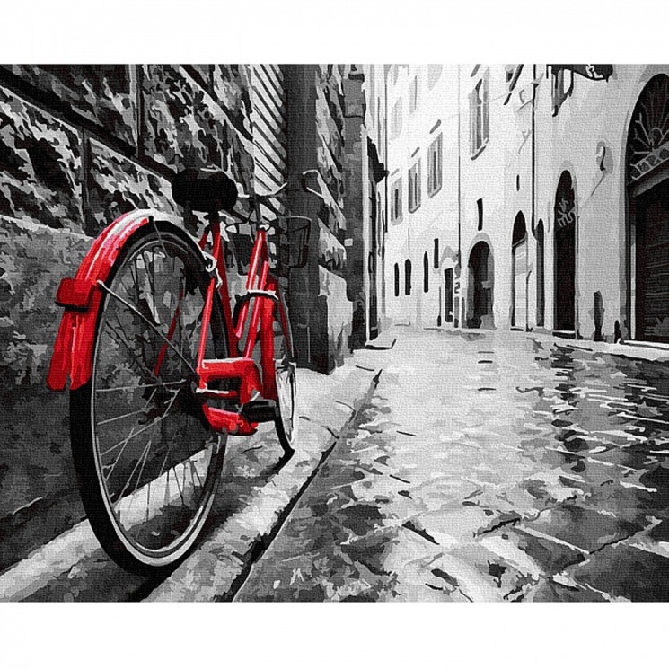 Картина по номерам с цветной схемой на холсте Molly арт.KK0773 Красный велосипед в старом городе 40х50 см