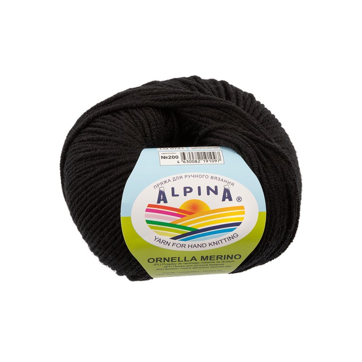 Пряжа ALPINA ORNELLA MERINO (100% мериносовая шерсть) 10х50г/125м цв.200 ЧЕРНЫЙ