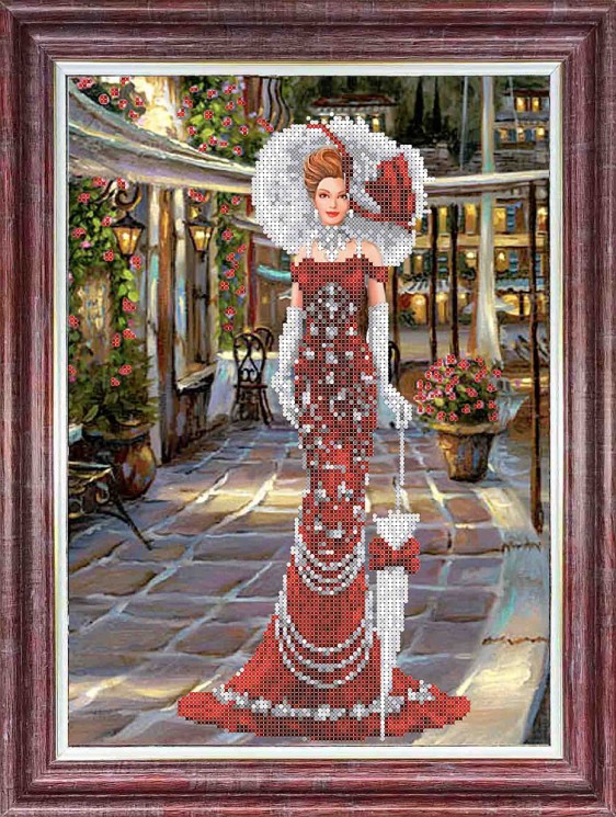 Набор для вышивания бисером КАРОЛИНКА арт. КБЛН-3043/1(ч) Дама в красном 27х36,5 см