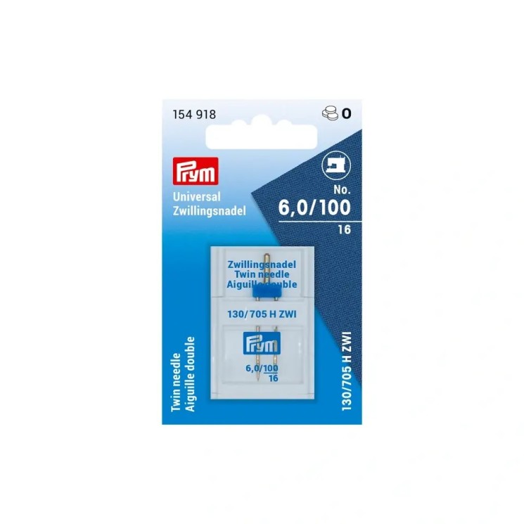 154918 PRYM Игла двойная для швейной машины с плоской колбой 130/705 H ZWI/ универсальные № 100/6мм/ сталь/пластик/ цв.серебристый