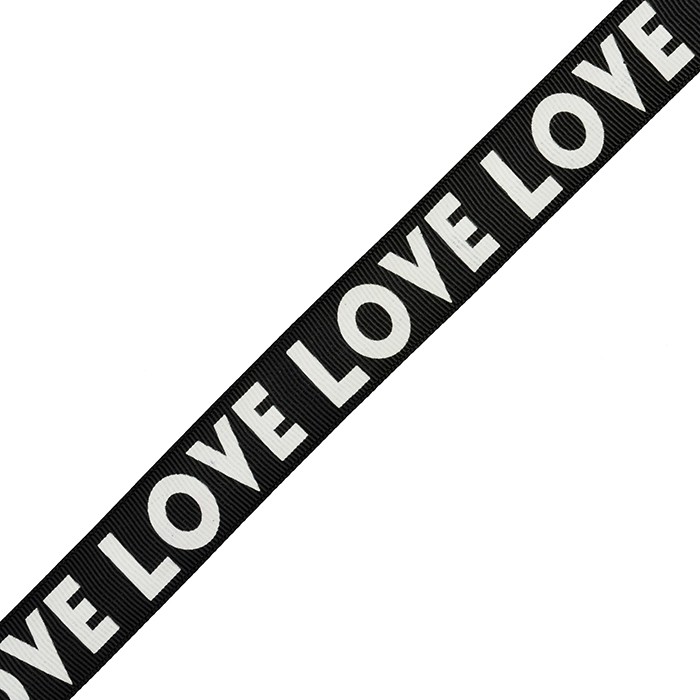 Лента репсовая с рисунком Love арт.TBY.LDRW2501 шир.25мм цв.черный уп.50м